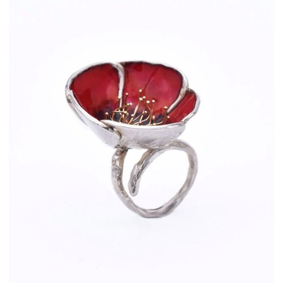 Red Poppy Flower RING & EARRINGS Set 925 Sterling Silver Adjustable Size - Picture 12 of 14
